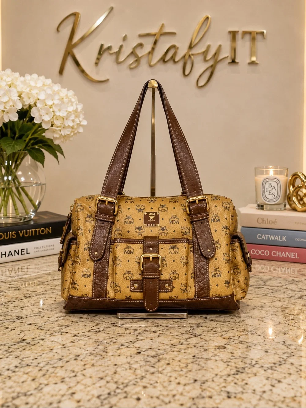 Authentic MCM Visetos Cognac Buckle Shoulder Tote Bag Vintage Leather